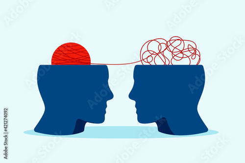 Confused mind and thoughts clipart. Red ball stress in blue human head mental depression and split consciousness with schizophrenic vector disorder.