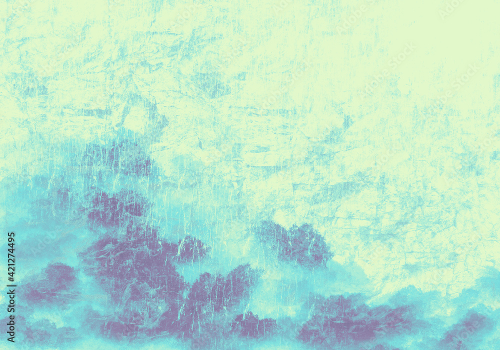 水墨画調のアブストラクト山の風景ターコイズブルー〜ライムグリーン系背景イラスト