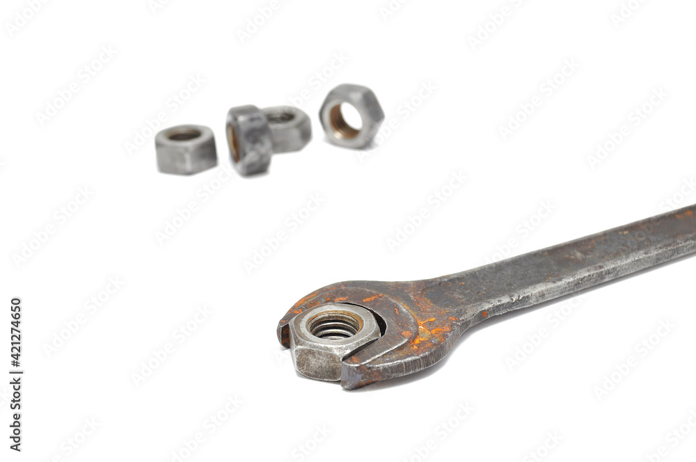Rusty wrench on white background close-up. Tool, old, rare, vintage, macro, DIY Rusty wrench on white background close-up. Tool, old, rare, vintage, macro, DIY