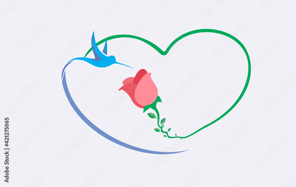 Coração,  flor e beija-flor