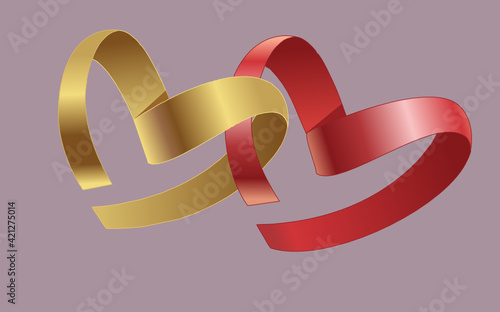 Coração  Dois corações de setin vermelho e setin dourado