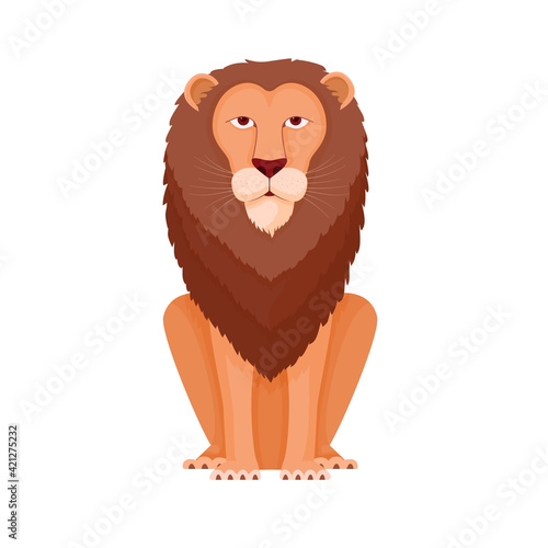 Lion sitting proudly. King beasts with luxurious brown mane watches calmly powerful savannah predator dominating vector animals.