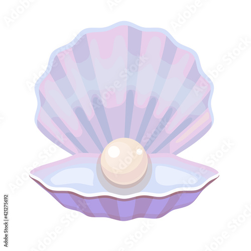 Open shell with pearl. Mother of pearl sea oyster with bright expensive decoration precious gemstone in oceanic clam vector.