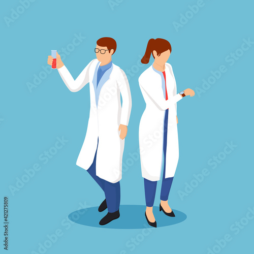 Scientists research and create new drug isometric clipart. Male and female characters in white coats conducting experiments on coronavirus vector vaccine.