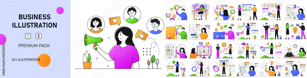 Business Teamwork illustrations. Big mega set. Collection of scene outline office workers. Outline trendy style. Premium pack illustrations. Business Teamwork illustrations. Big mega set. Collection of scene outline office workers. Outline trendy style. Premium pack illustrations.