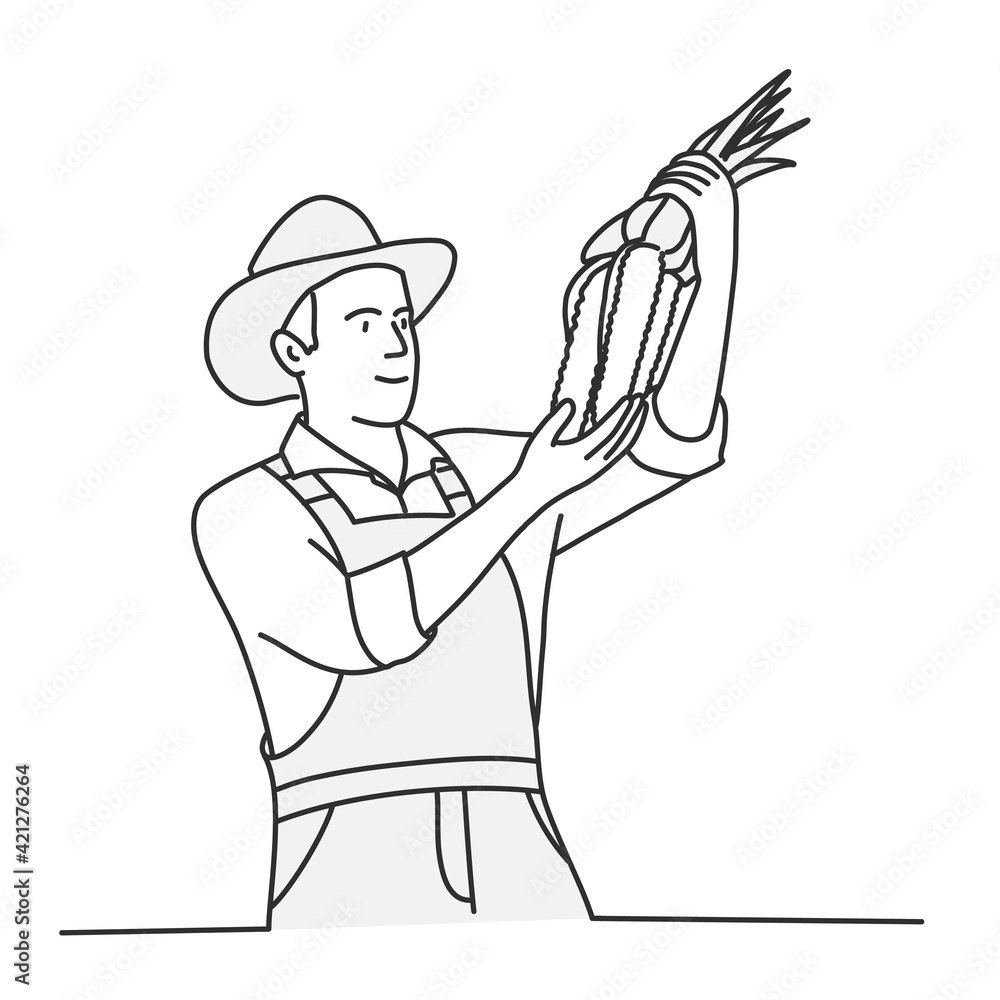 Farmer with a hat holding corn on the cob. Hand drawn vector illustration.