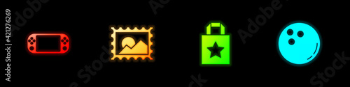 Set Portable video game console, Postal stamp, Paper shopping bag and Bowling ball icon. Vector