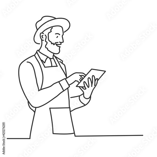 Bearded farmer with hat is using tablet. Hand drawn vector illustration.