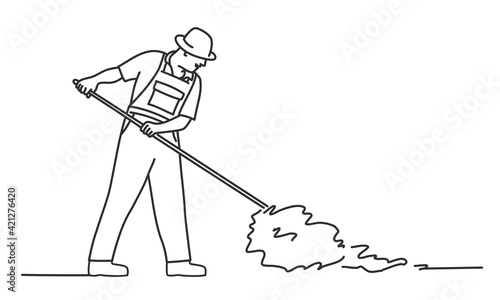 Farmer man gathers hay. Hand drawn vector illustration.