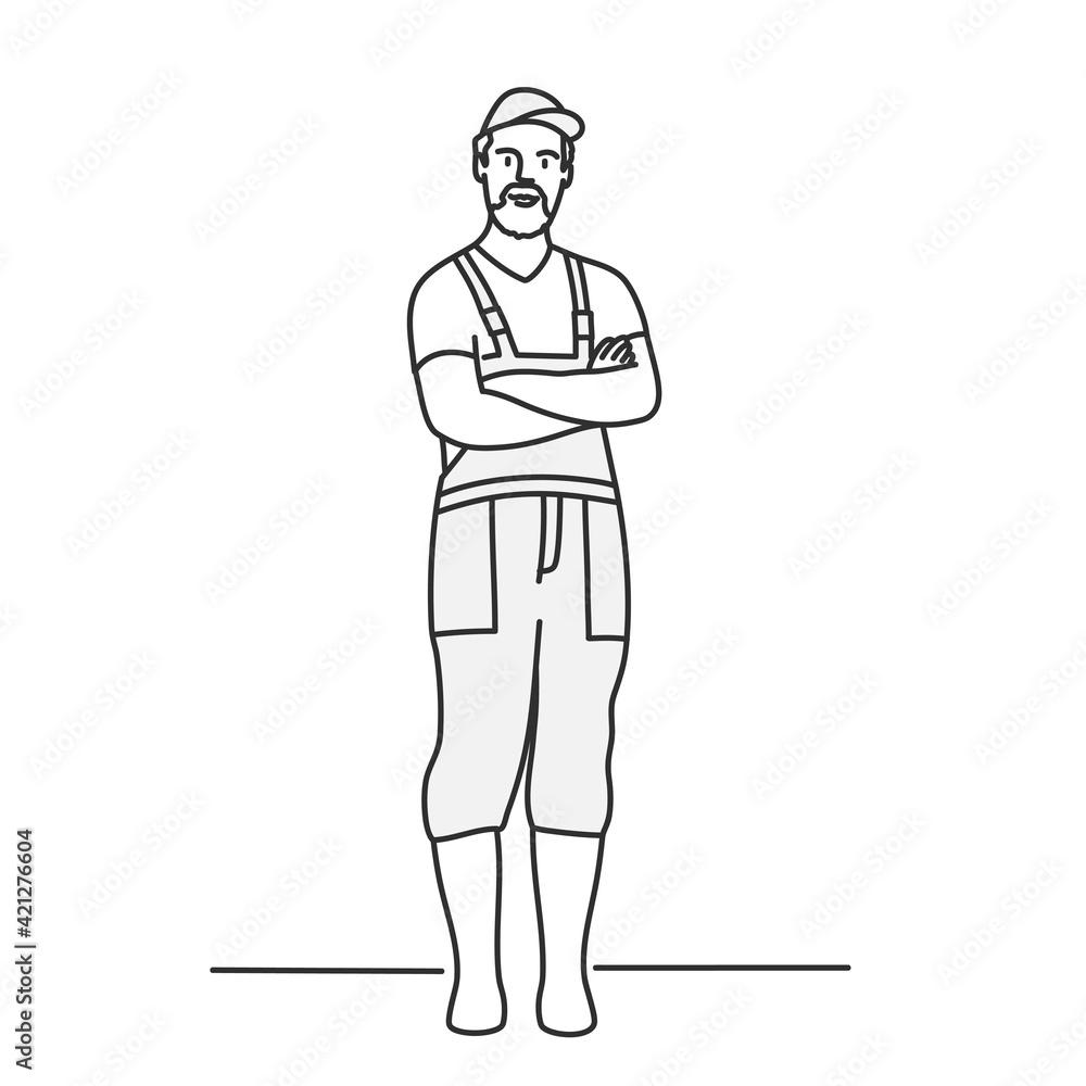 Bearded farmer with crossed arms. Hand drawn vector illustration.