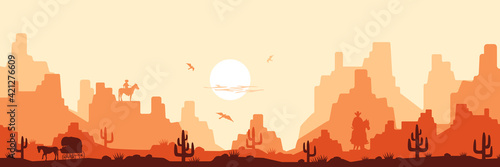 Hot savanna wild west background. Daytime yellow heat with silhouettes cacti and cowboys horseback orange mountains in haze of flying vultures vector