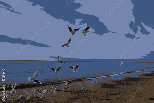 A flock of seagulls show in the air the wonders of aerial acrobatics, catching pieces of bread on the fly
