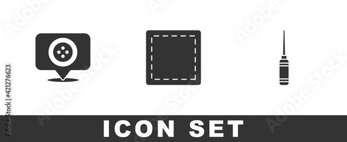 Set Location tailor shop, Sewing Pattern and Awl tool icon. Vector