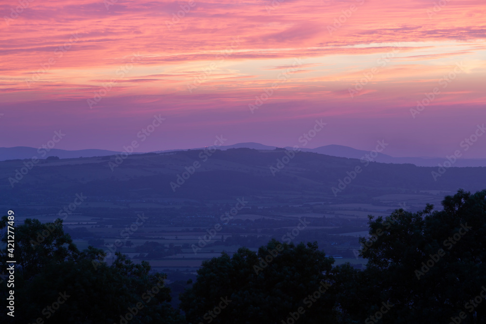 View over the Vale of Evesham and Malvern Hills from Broadway Tower at sunset, Broadway, Cotswolds, Worcestershire, England, United Kingdom, Europe
