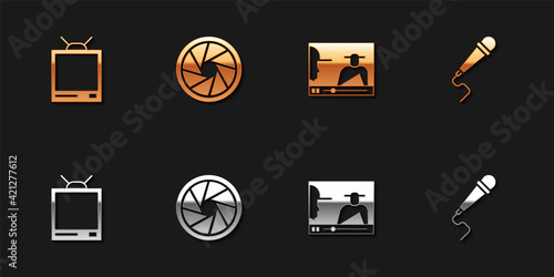 Set Retro tv, Camera shutter, Online play video and Microphone icon. Vector