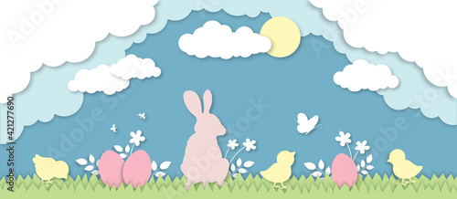 Easter bunny, chicks and easter eggs on meadow papercut 3d design, easter holidays egg hunt illustration, animals and bugs in spring nature, clouds and sun paper cut vectors