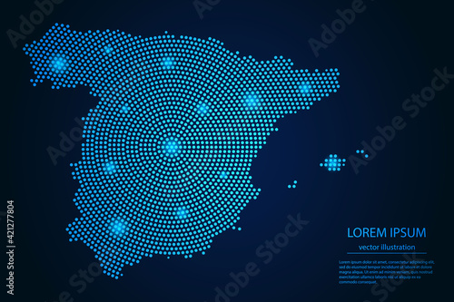 Abstract image Spain map from point blue and glowing stars on a dark background. vector illustration.