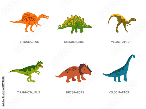 Dinosaurs from Jurassic period. Powerful red spinosaurus with green herbivorous stegosaurus and carnivorous vector tyrannosaurus.