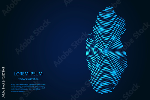 Abstract image Qatar map from point blue and glowing stars on a dark background. vector illustration.