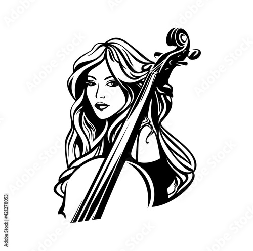 beautiful young woman with long hair and cello instrument - classical music performer black and white vector portrait