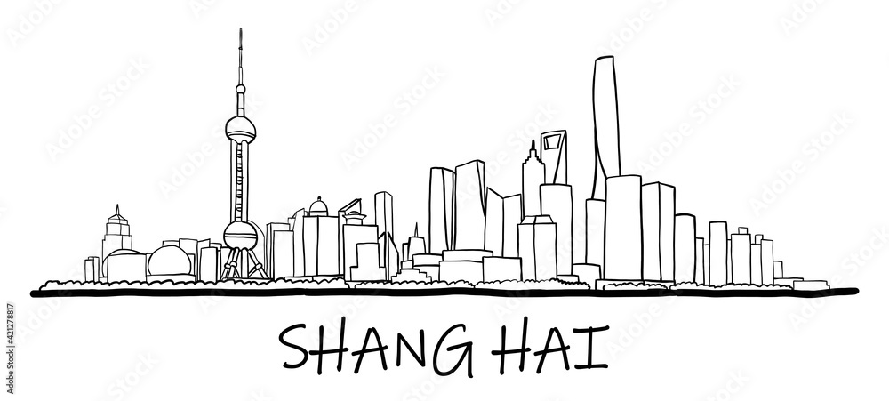 Shanghai skyline freehand drawing sketch on white background.