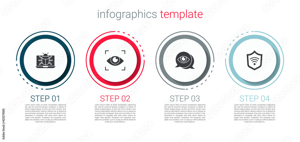 Set System bug on monitor, Eye scan, and Shield with WiFi wireless. Business infographic template. Vector Set System bug on monitor, Eye scan, and Shield with WiFi wireless. Business infographic template. Vector