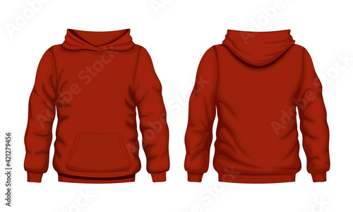 Red hoodie front and back views. Quality cotton hooded sweatshirt for everyday wear and expressing streetwear vector style.