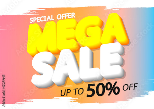 Mega Sale 50% off, poster design template, special offer, vector illustration