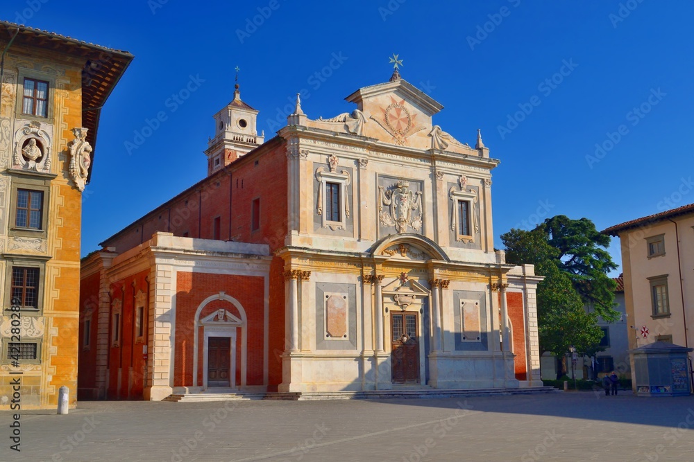 view of the church of Santo Stefano dei Cavalieri located in Piazza dei Cavalieri in the city of Pisa in Tuscany, Italy