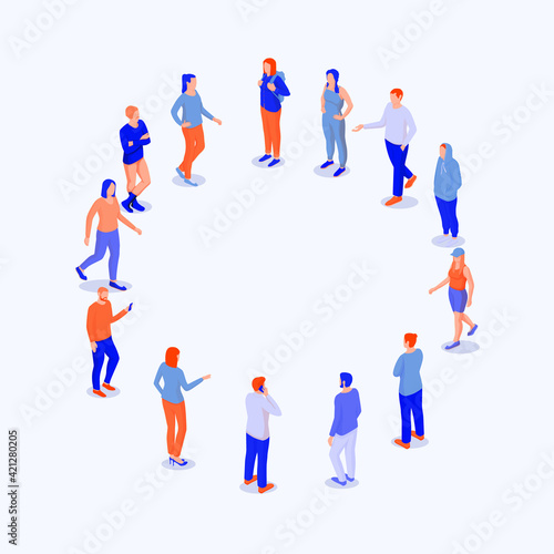 Circle people discussing plans and projects isometric. Working team managers is developing joint strategy and solving social vector issues.