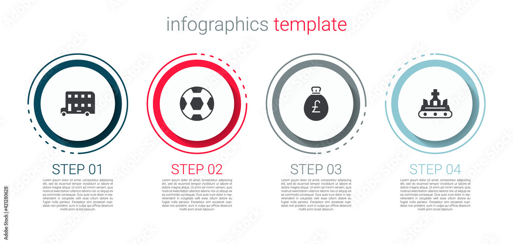 Set Double decker bus, Football ball, Money bag with pound and British crown. Business infographic template. Vector Set Double decker bus, Football ball, Money bag with pound and British crown. Business infographic template. Vector