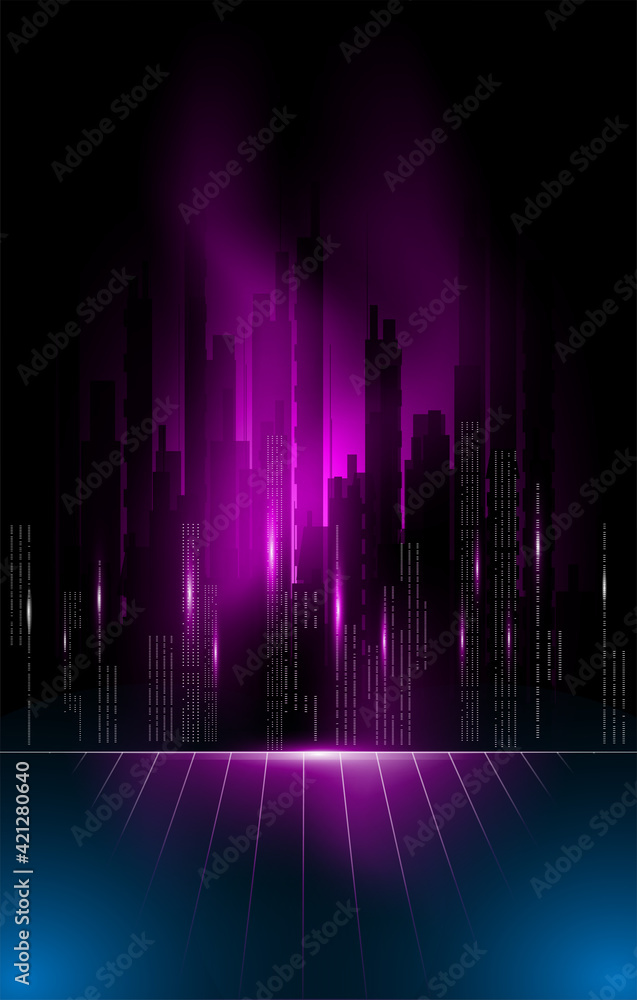 Data streams like a dark city move against a dark neon background. Abstract background in cyberpunk style. Vertical banner or poster template. Data streams like a dark city move against a dark neon background. Abstract background in cyberpunk style. Vertical banner or poster template.