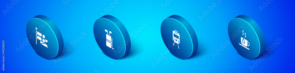 Set Isometric England flag on flagpole, Tram railway, Cup of tea with tea bag and Golf clubs icon. Vector Set Isometric England flag on flagpole, Tram railway, Cup of tea with tea bag and Golf clubs icon. Vector