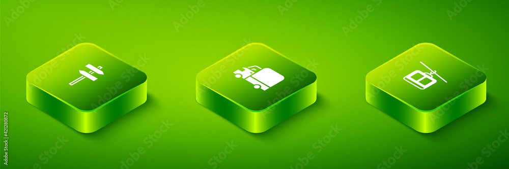 Set Isometric Delivery cargo truck, Cable and Road traffic signpost icon. Vector Set Isometric Delivery cargo truck, Cable and Road traffic signpost icon. Vector