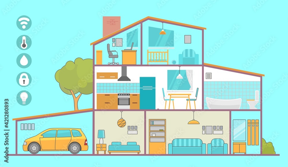 Interiors room with furniture. Flat style vector illustration Interiors room with furniture. Flat style vector illustration
