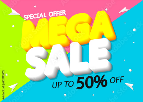 Mega Sale 50% off, poster design template, special offer, vector illustration