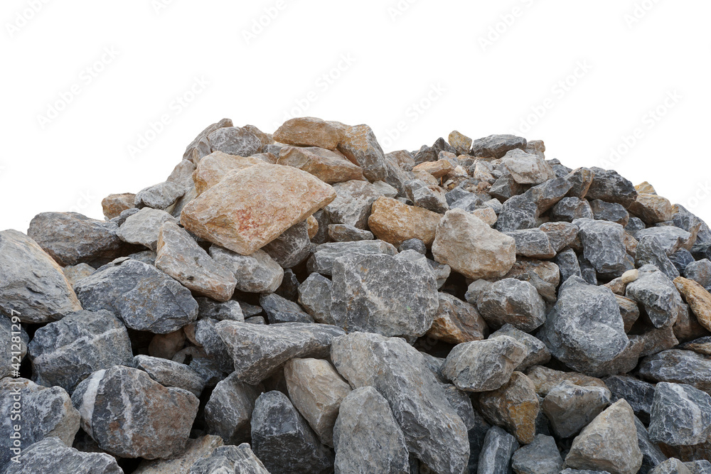 Piles of limestone rocks isolated on white background with clipping path. Break stones on construction site. Used in the industry, making roads, railways, making lime, burning, cement.