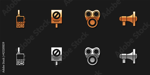 Set Walkie talkie, Protest, Gas mask and Megaphone icon. Vector
