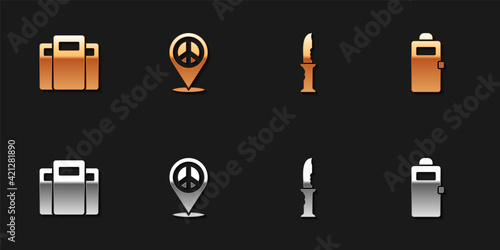 Set Police assault shield, Location peace, Military knife and icon. Vector