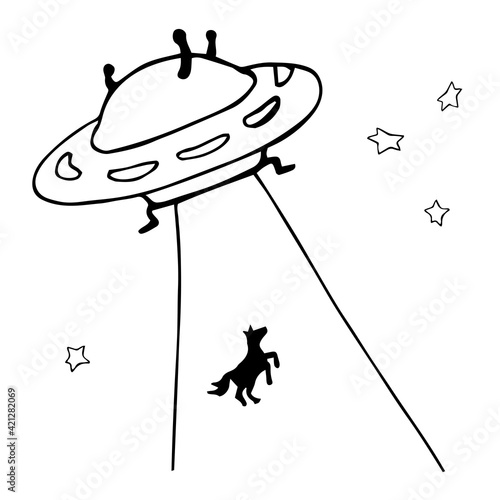 UFO kidnaps an animal. Doodle style spaceship. Hand drawing. Vector illustration.