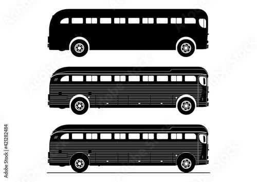 Vintage bus silhouettes. Side view. Flat vector.