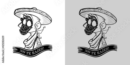 Painted monkey skull in sombrero clipart. Character ready to celebrate black mexican day dead in suggestive sketch of horror vector coloring.