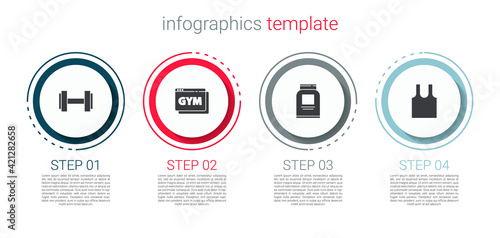 Set Dumbbell, Online fitness and training, Sports nutrition and Sleeveless T-shirt. Business infographic template. Vector