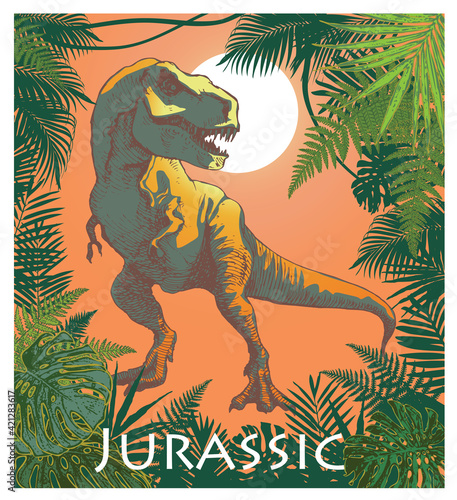 vector image of a tyrannosaurus rex on a jungle background with the words jurassic danger in cartoon anime style