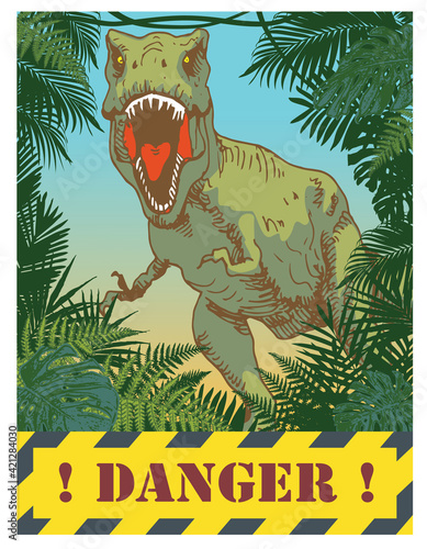 vector image of a tyrannosaurus rex on a jungle background with the words jurassic danger in cartoon anime style