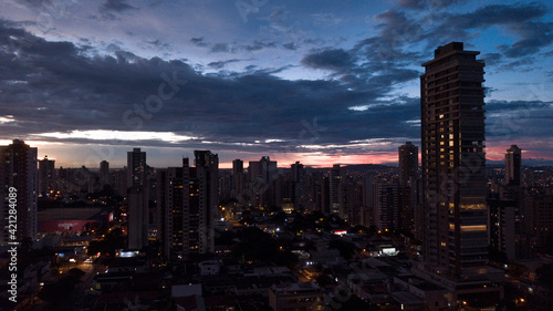 Sunset in big city Goiania  in Brazil. Skyline in dusk with skyscrapers. 