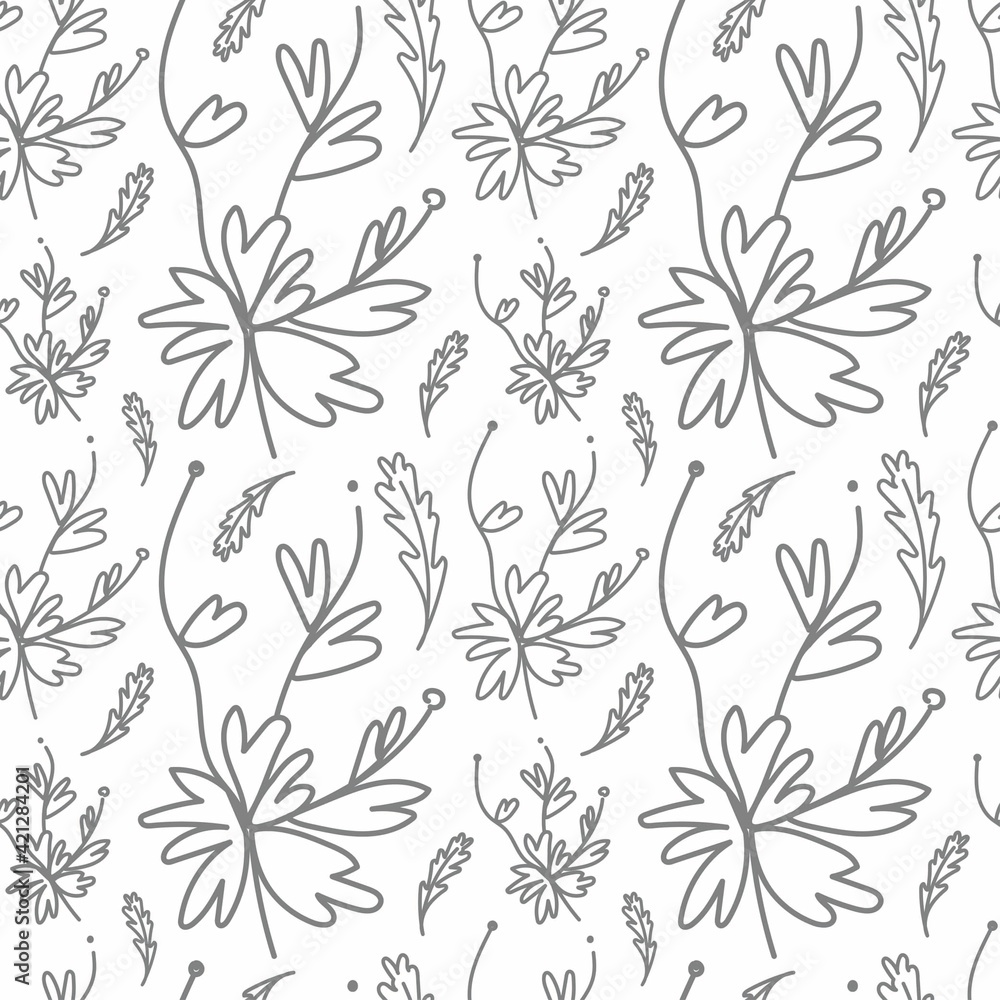 Seamless vector pattern with gray geraniums and oak leaves. Hand drawn print on white isolated background in doodle style. On-trend design for textiles, fabric, wrapping paper, packaging.