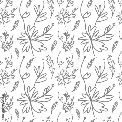 Seamless vector pattern with gray geraniums and oak leaves. Hand drawn print on white isolated background in doodle style. On-trend design for textiles, fabric, wrapping paper, packaging.