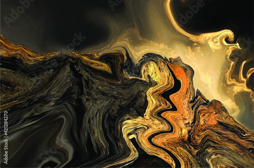 An erupting volcano against a dark sky, a road and a split mountain