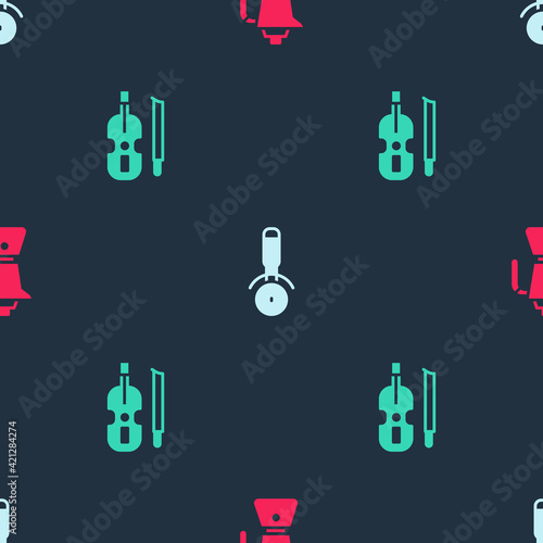 Set Coffee moca pot, Pizza knife and Violin on seamless pattern. Vector